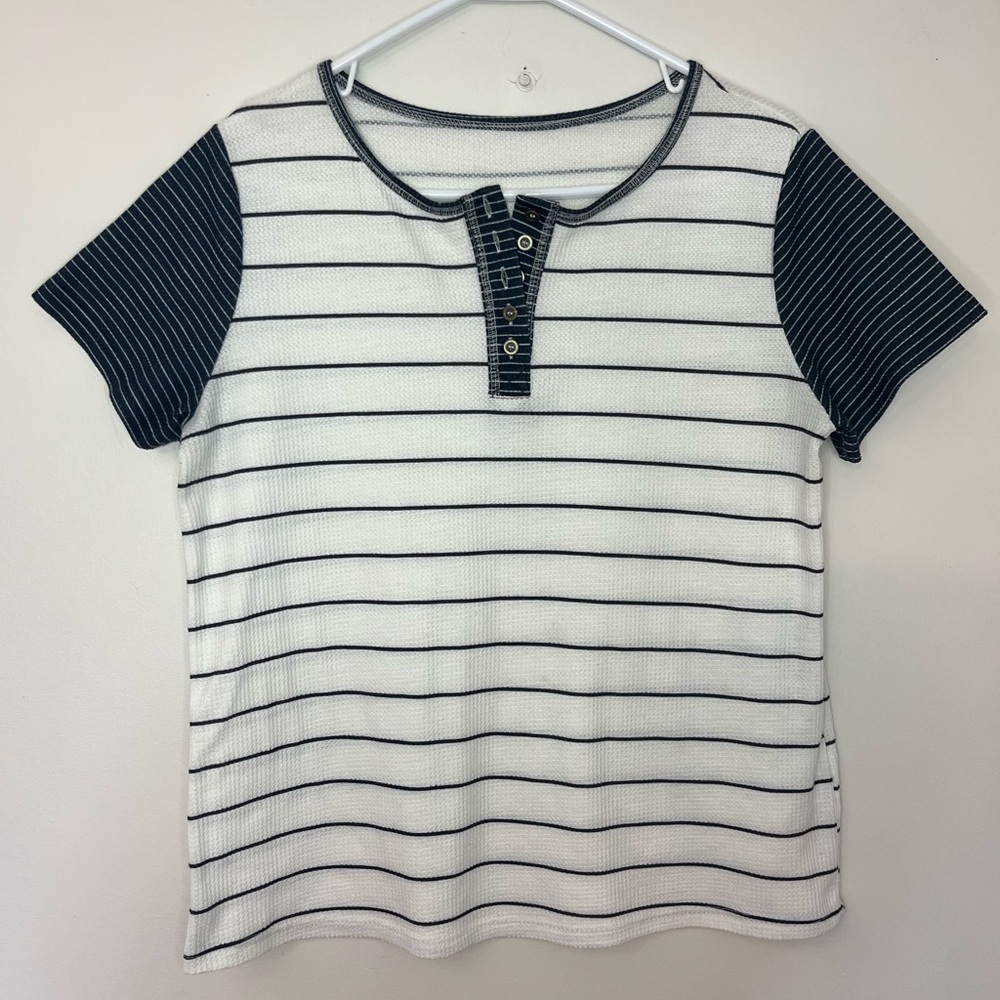 Striped Waffle Knit Henley Top Size L Blue White Short Sleeve